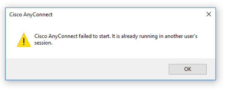 A screenshot of the Cisco AnyConnect error that reads: Cisco AnyConnect failed to start. It is already running in another user's session.
