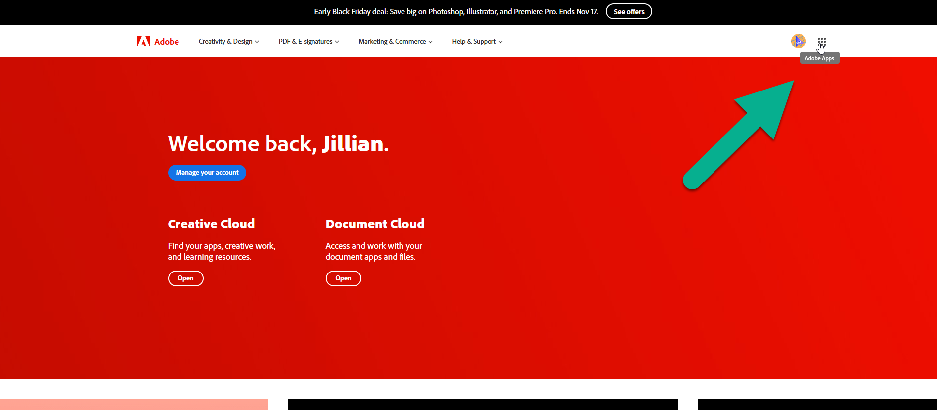 adobe.com welcome page adobe.com welcome page after login with an arrow pointing towards the apps button.