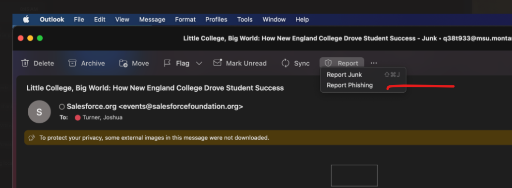 Outlook for Mac report button location