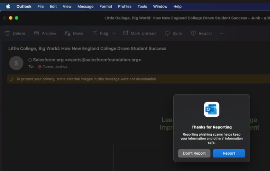 Outlook phishing button pop-up