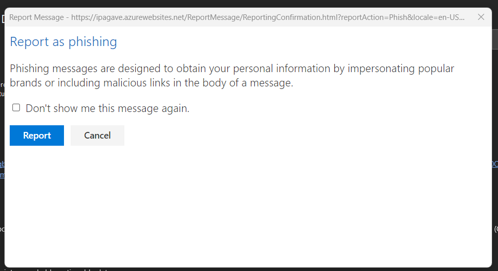 Outlook report method pop-up screen