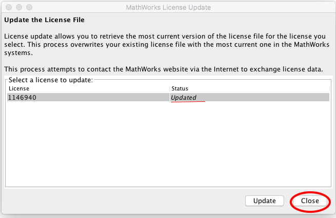 MathWorks License Update window indicating license has been updated