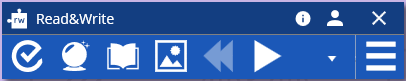 RWG app bar shortened A short blue bar with icons indicating options for the Read and Write Gold application. It is a shrunken version of the long bar that opens when you first start the app.