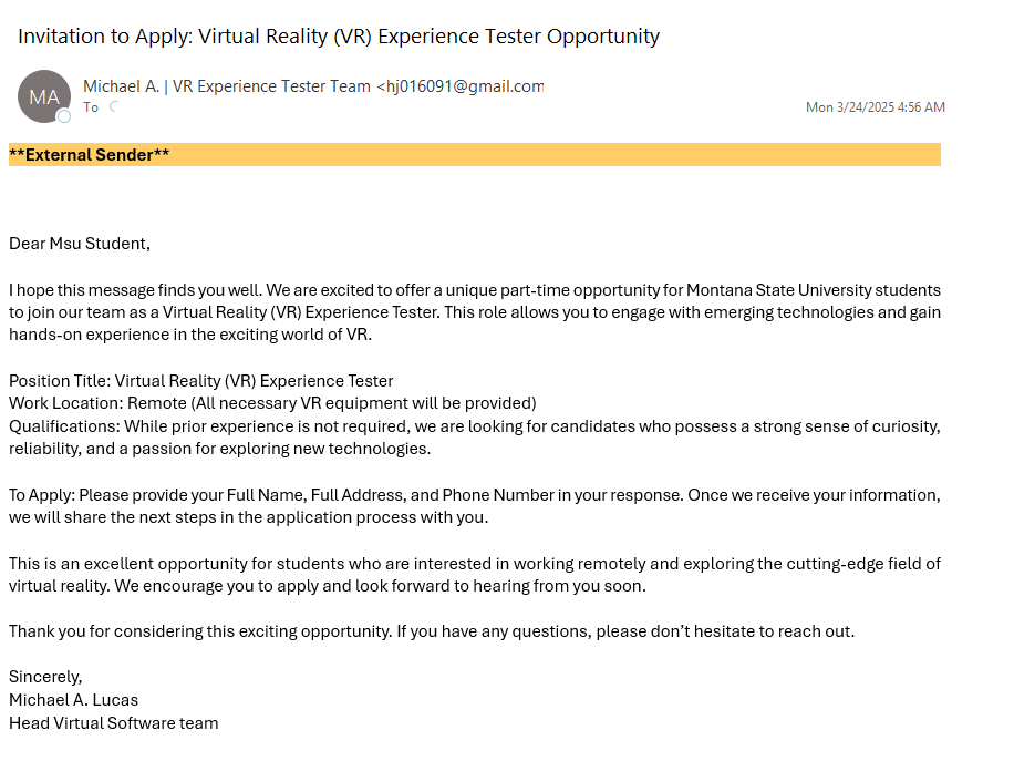 Fake VR offer 2 Fake offer of a VR tester job email